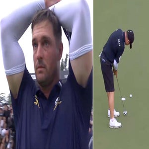 Bryson DeChambeau reacts after Richard T. Lee missed a short putt to hand Bryson the LIV Golf Singapore victory.