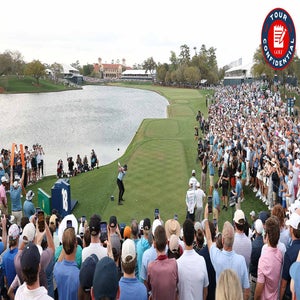 Cameron Young tees off on the 18th hole at TPC Sawgrass on Sunday at the Players Championship.