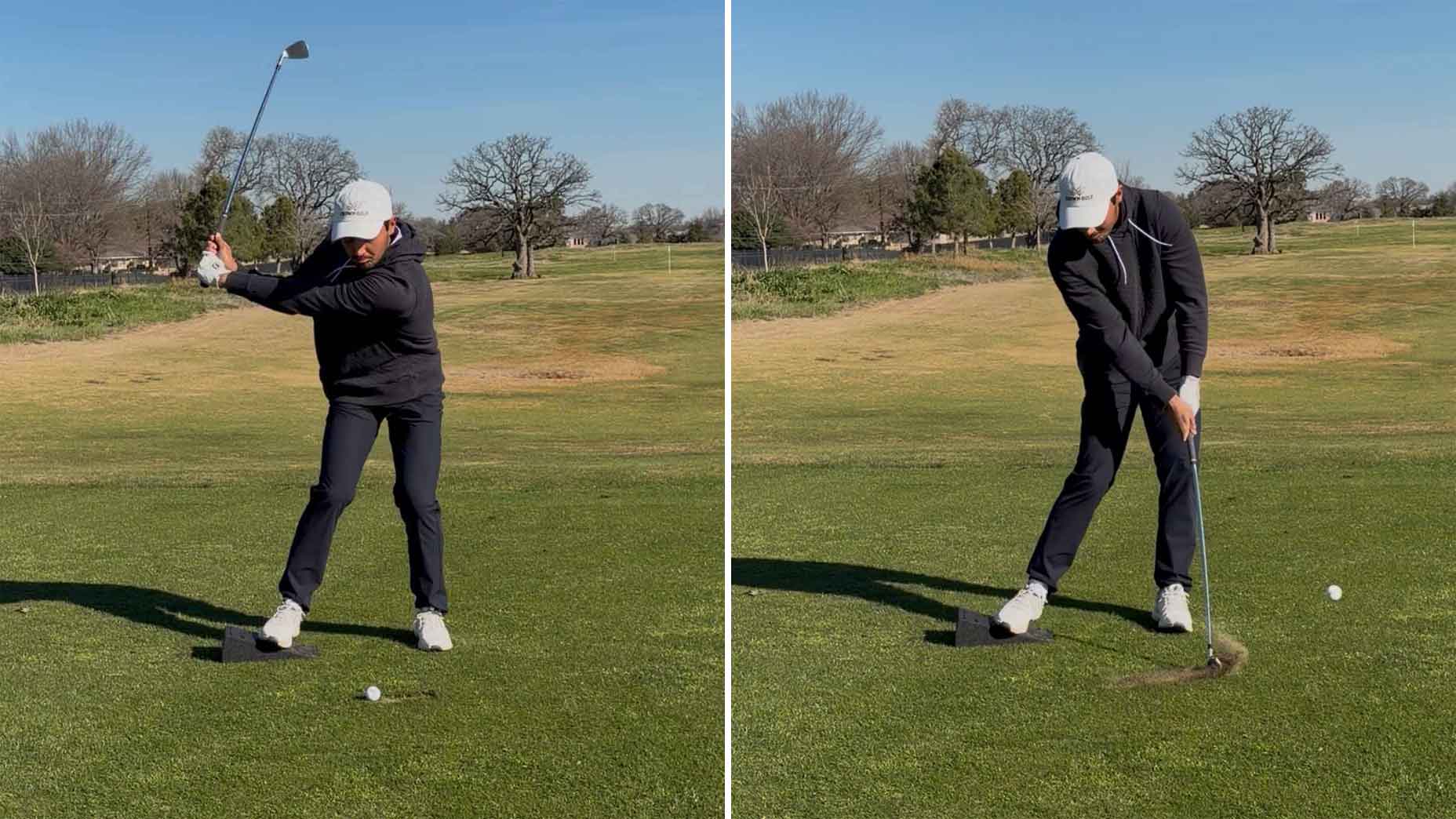 hudson weibel swings with wedge underneath his trail foot