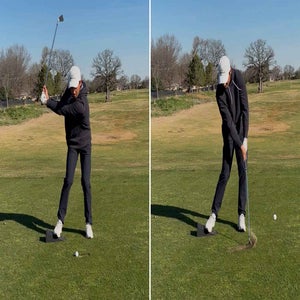 hudson weibel swings with wedge underneath his trail foot