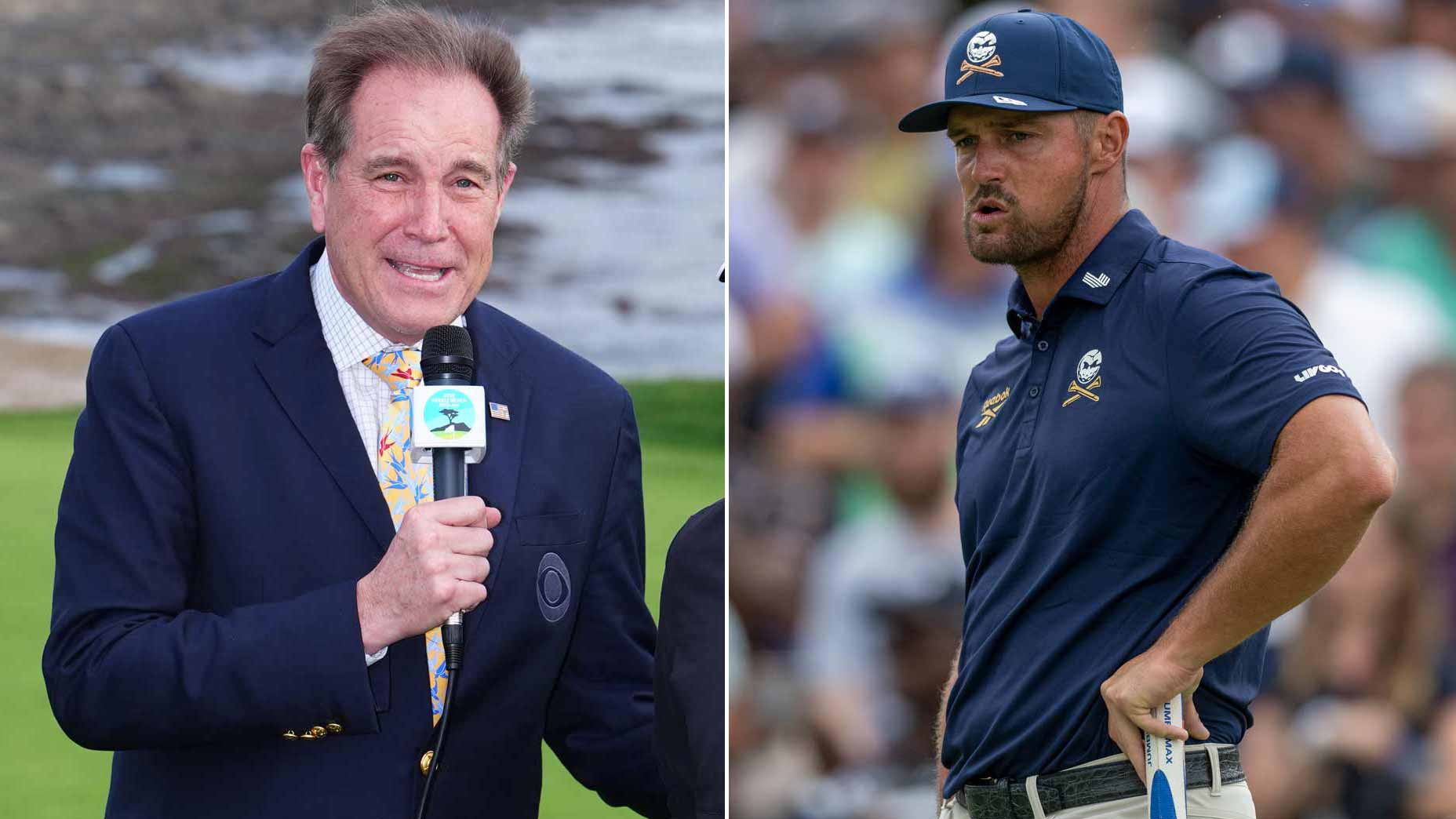 Jim Nantz at 2026 AT&T Pebble Beach Pro-Am and Bryson DeChambeau at a 2026 LIV Golf tournament.