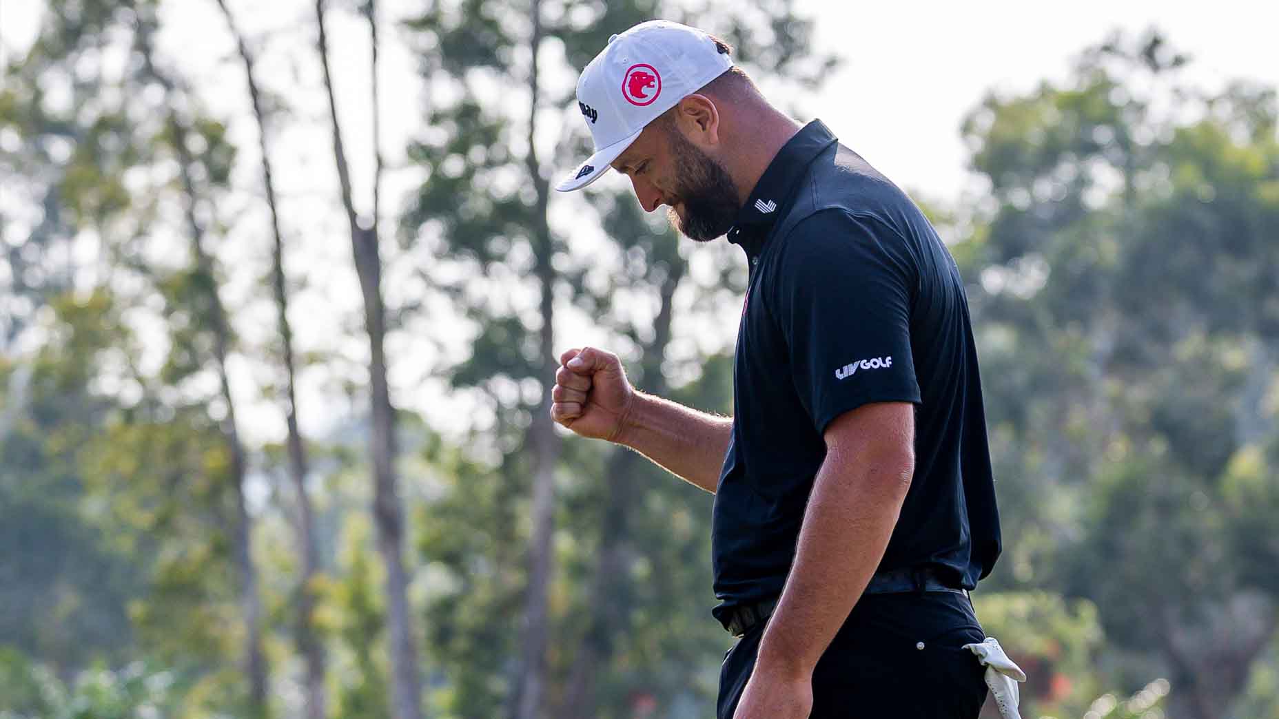 Jon Rahm celebrates winning LIV Golf Hong Kong