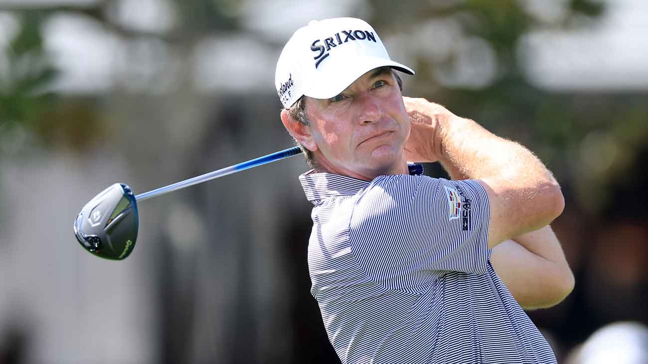 Lucas Glover of The United States plays his tee shot on the first hole during the first round of the Arnold Palmer Invitational presented by Mastercard 2026