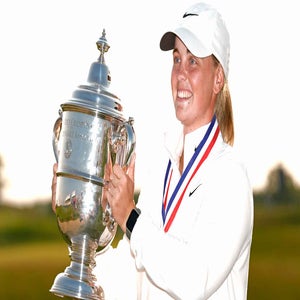 maja stark poses with u.s. women's open trophy at erin hills
