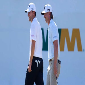 Nicolai Hojgaard and Jake Knapp, who just earned 2026 Masters invites, talk during the 2026 WM Phoenix Open.
