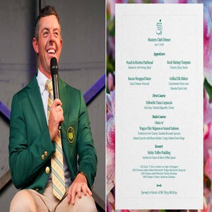 Split image of Rory McIlroy's Masters Champions Dinner menu and McIlroy in his Masters green jacket.