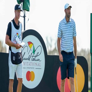 Arnold Palmer Invitational Friday tee times: Scottie Scheffler and caddie on tee box at Bay Hill in 2026.