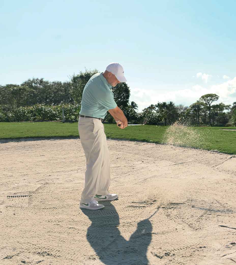 In any greenside bunker, the goal is to take sand and not worry about contacting the ball. A full swing helps too.