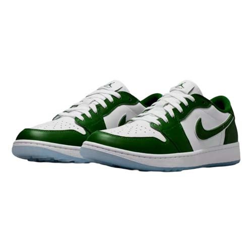 A pair of low-top sneakers featuring a white base with green overlays, green Nike swooshes, and white midsoles with translucent outsoles. Inspired by the best Jordan golf shoes, they have white laces and green accents around the collar.