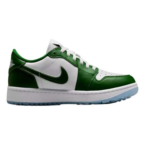 A green and white Nike sneaker with a low-top design, white laces, a white toe box, and a translucent light blue sole—styled in the spirit of the best Jordan golf shoes—shown in side profile on a plain white background.