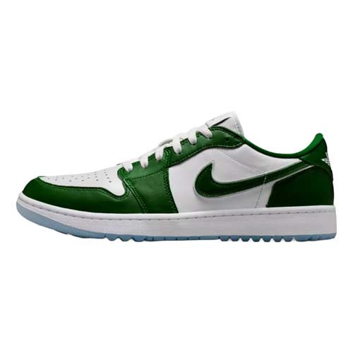 A white and green Nike low-top sneaker with a white sole, green Nike swoosh, and green accents around the toe, laces, and heel. The translucent blue-tinted sole is inspired by the look of the best Jordan golf shoes.