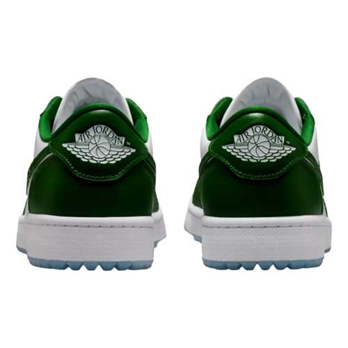 Rear view of a pair of green and white Air Jordan sneakers, showing the iconic wings logo on the heels. With white midsoles and translucent outsoles, they echo the style found in some of the best Jordan golf shoes.