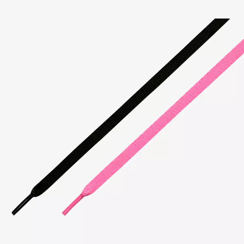 Two flat shoelaces, one black and one pink, are placed side by side on a white background&mdash;perfect accents for customizing your best Jordan golf shoes.