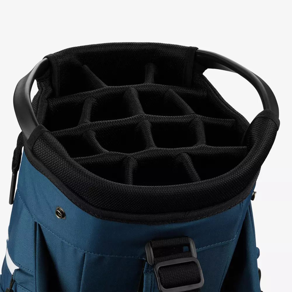 Top view of one of the best golf bags 2026, featuring multiple black padded compartments for organizing and protecting golf clubs.