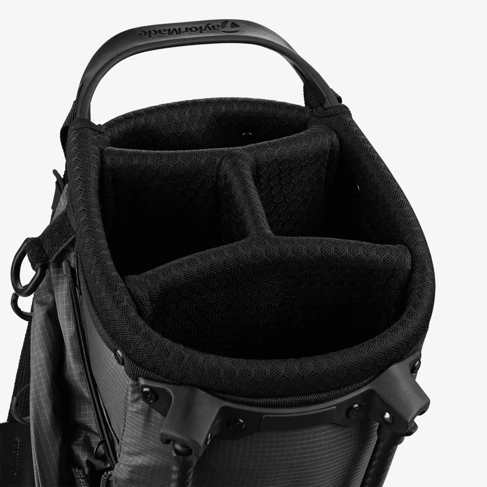 Top view of a black golf bag with multiple padded dividers for organizing golf clubs, featuring a sturdy handle and a textured outer material&mdash;ideal for those seeking the best golf bags 2026.
