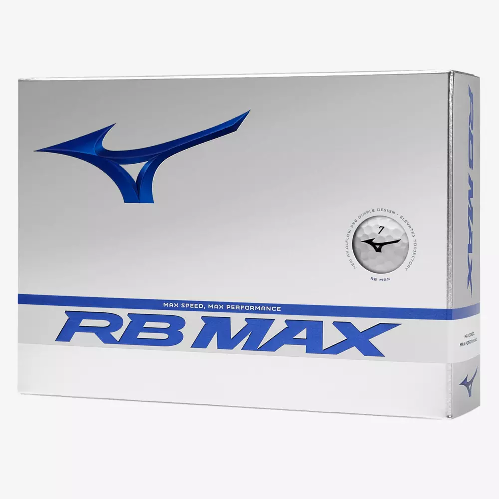 A box of Mizuno RB Max golf balls, predominantly white with blue branding and logo, sits beside the best golf shoes 2026, featuring the text RB MAX and MAX SPEED, MAX PERFORMANCE on the front.