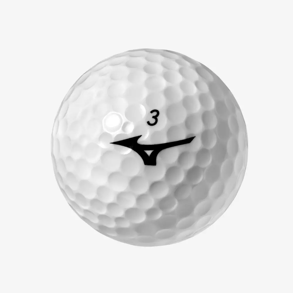 A white golf ball with a dimpled surface, marked with the number 3 and a stylized black logo resembling a curved M or bird in flight, rests against a plain light background&mdash;perfect for pairing with the best golf shoes 2026.