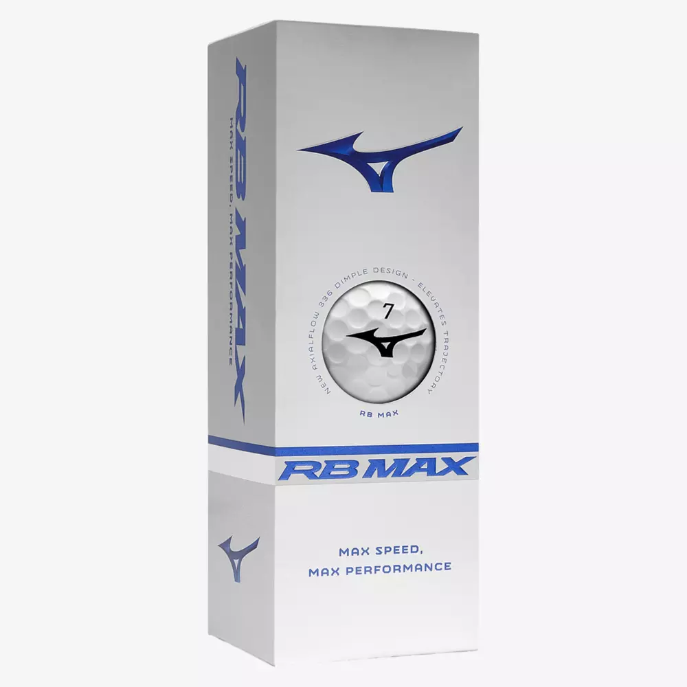 A white and silver Mizuno RB Max golf ball box with blue logo and text, featuring a circular window showing a golf ball marked with the number 7. Pair it with the best golf shoes 2026 for max speed, max performance.