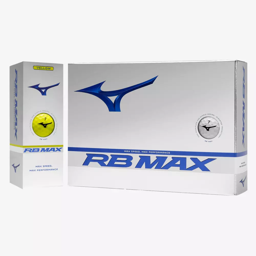 A white box and sleeve of Mizuno RB Max golf balls with blue logo and text, featuring images of a yellow and a white golf ball&mdash;perfect to pair with the best golf shoes 2026 for top performance on the course.