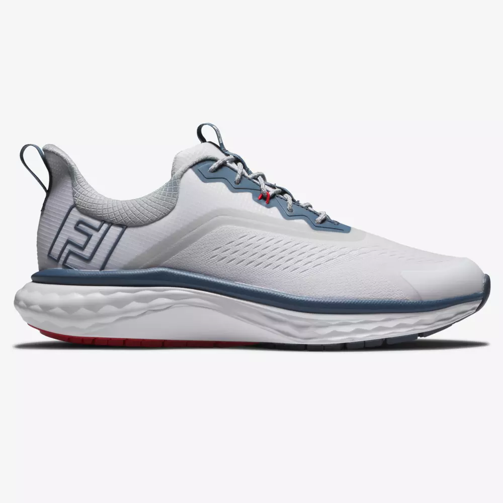A white athletic sneaker with gray and blue accents, featuring a textured sole, red detail on the outsole, and a stylized FJ logo on the heel. This lace-up design offers a modern look&mdash;perfect for those seeking the best golf shoes 2026.