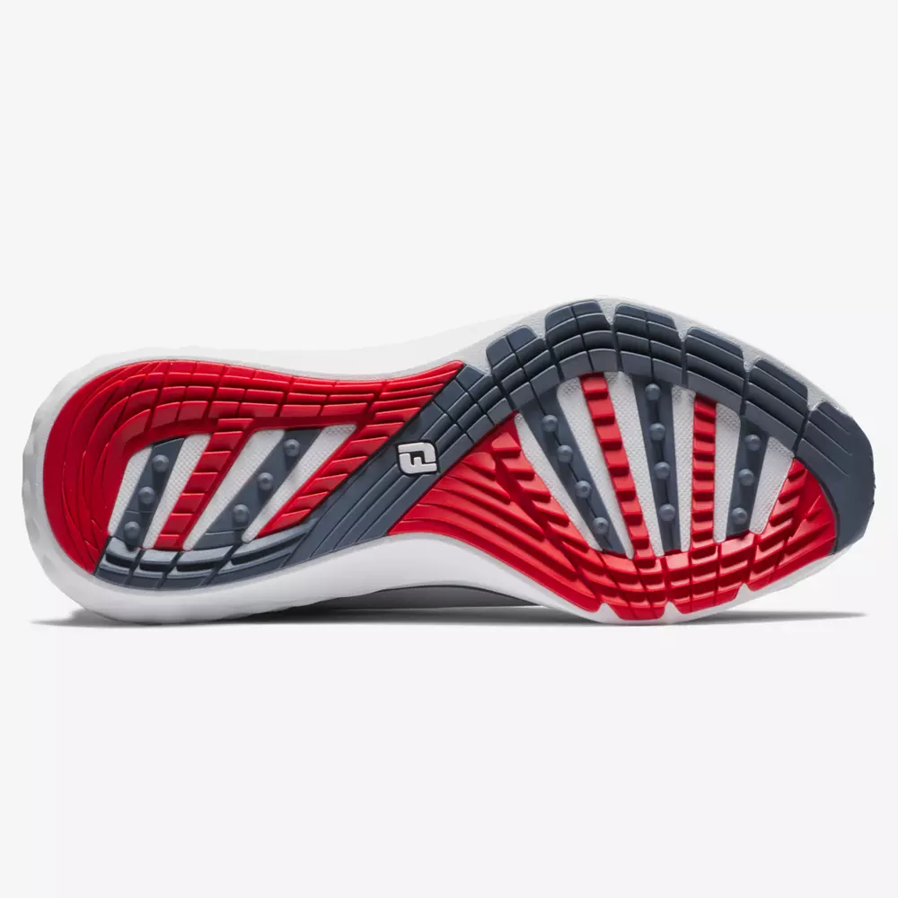 The image shows the sole of a shoe with a tread pattern in red, gray, and white&mdash;features you'd expect from the best golf shoes 2026, including grooves, raised bumps, and a small logo in the center.