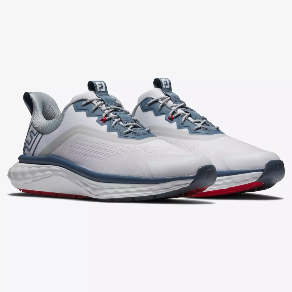 A pair of white athletic sneakers with gray and blue accents, red detailing, lace-up fronts, and textured soles&mdash;styled to rival the best golf shoes 2026&mdash;positioned side by side on a plain white background.