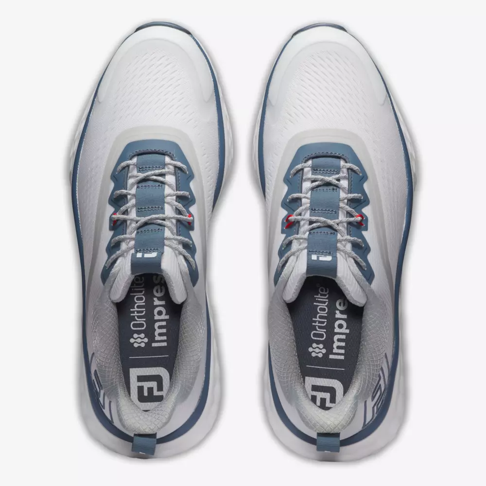 Top view of a pair of white athletic shoes with blue and gray accents, gray laces, and Ortholite Impressions branding visible on the insoles&mdash;an ideal pick for those seeking the best golf shoes 2026.
