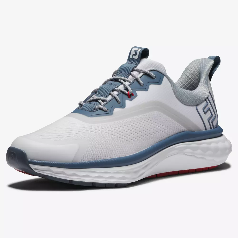 A white athletic sneaker with light blue and gray accents, featuring a cushioned sole, mesh upper, and the FJ logo on the tongue and side&mdash;an ideal choice for anyone seeking the best golf shoes 2026 has to offer. Shown at a three-quarter angle on a white background.
