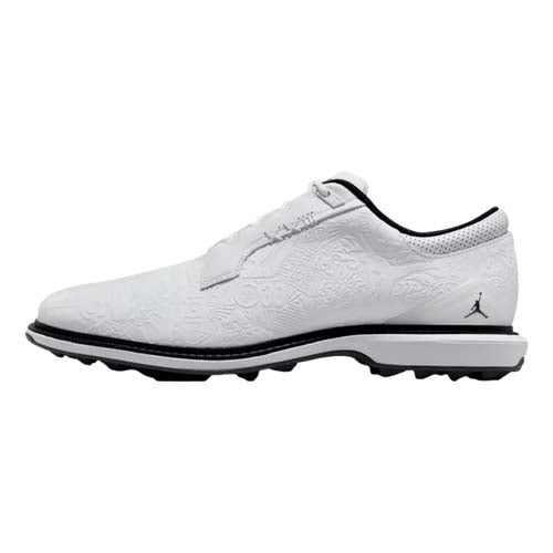 A white low-top athletic shoe with subtle textured patterns, black sole accents, and a small black Jumpman logo near the heel. This sleek, modern design offers minimal detailing and stands out among the best Jordan golf shoes.