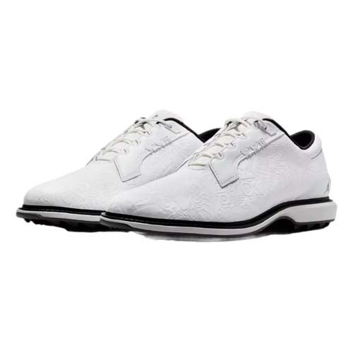 A pair of white athletic shoes with subtle textured patterns, black outsoles, and white laces, displayed side by side on a plain white background—perfect for those seeking the best Jordan golf shoes in timeless style.