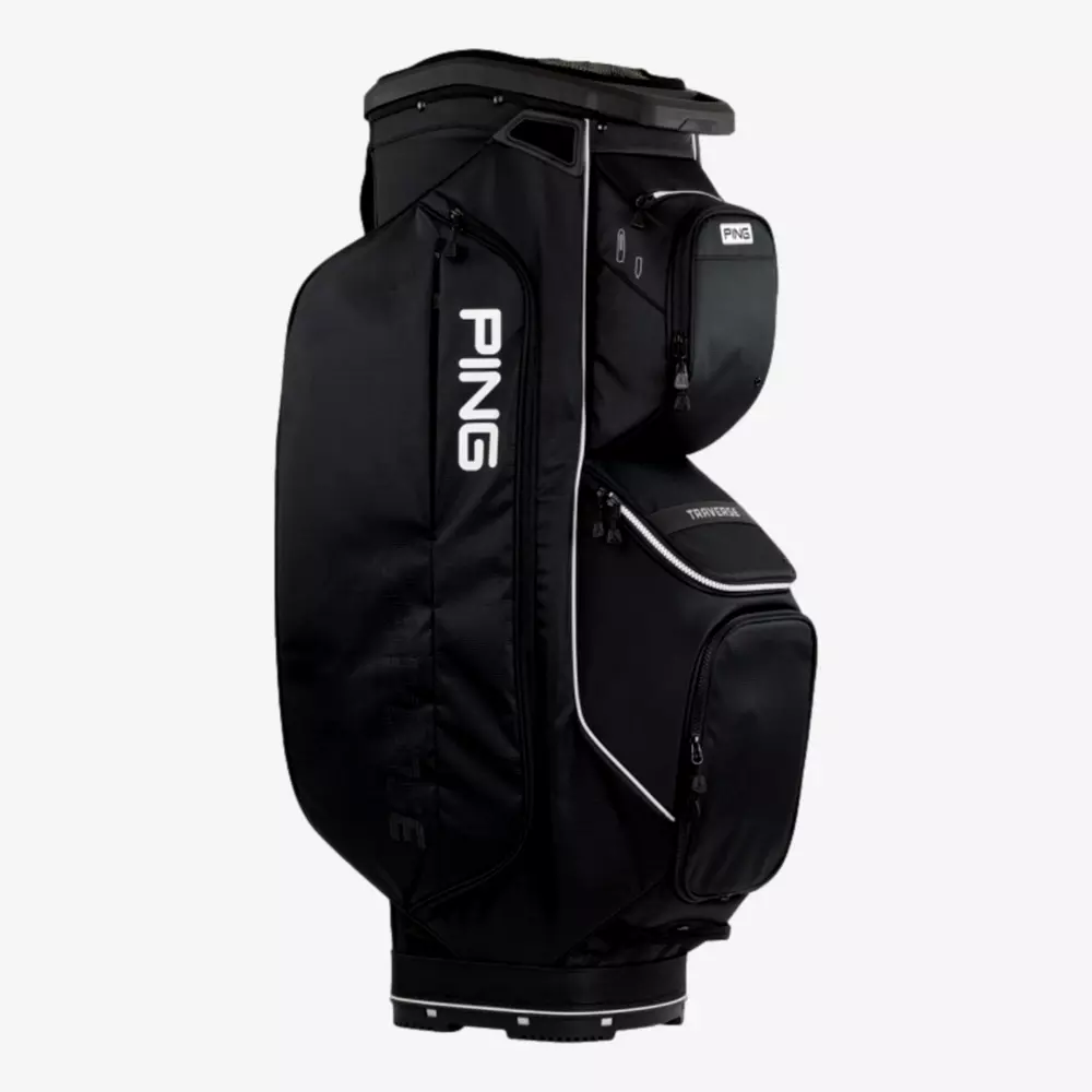 A black PING golf bag with multiple zippered pockets and compartments, standing upright against a plain white background. The PING logo is prominently displayed in white on the side&mdash;an ideal contender for the best golf bags 2026.