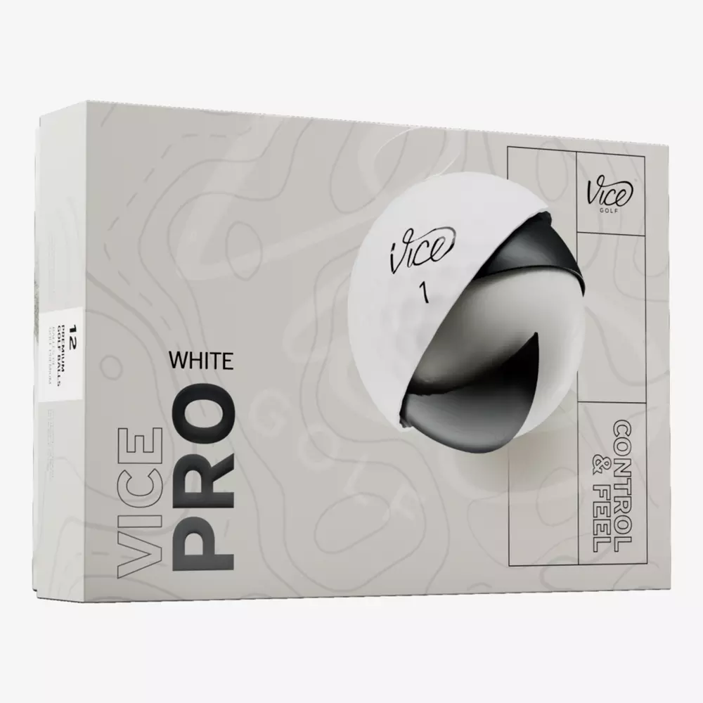 Box of Vice Pro White golf balls with a large image of a golf ball on the front. The modern, minimalistic packaging highlights 