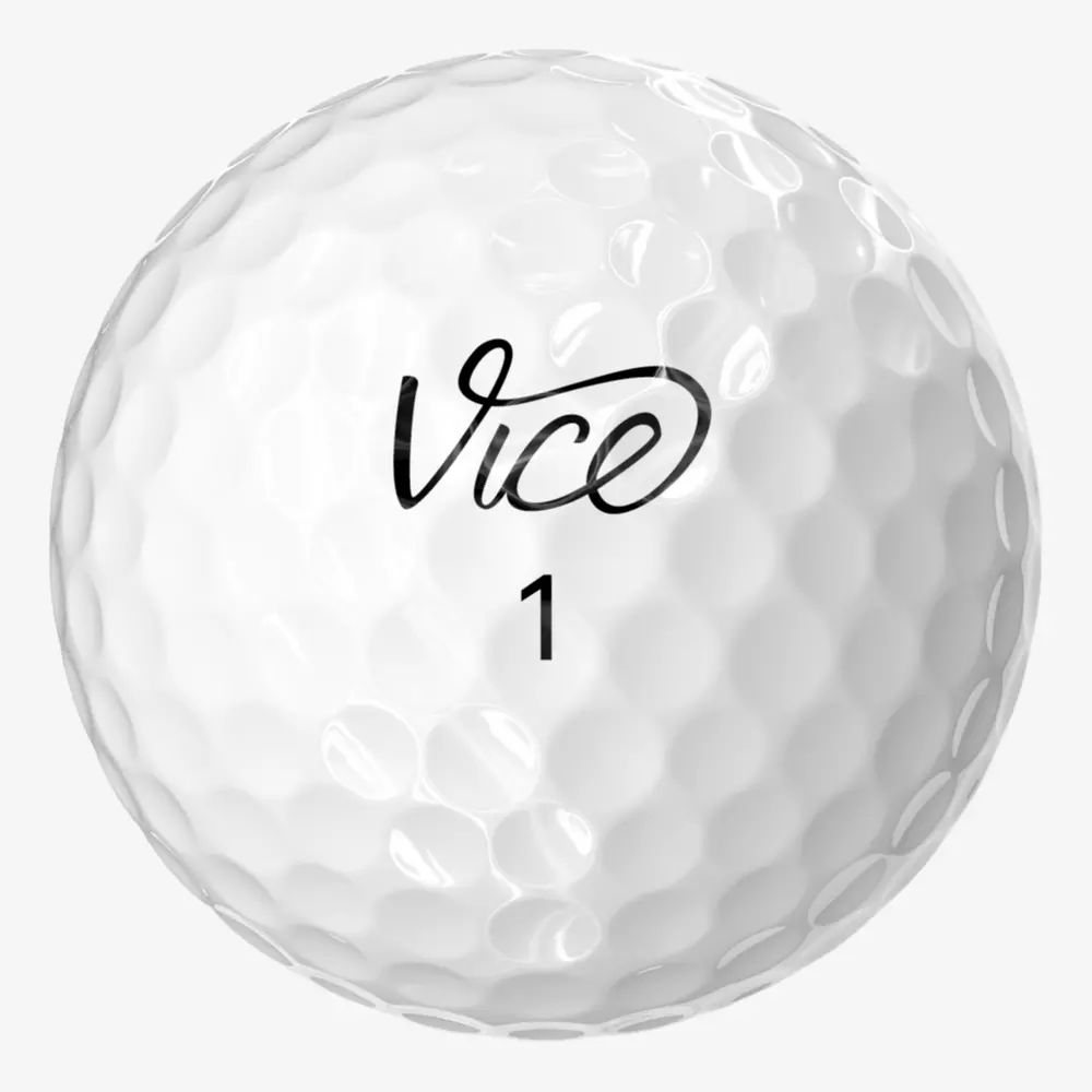 A white golf ball with a dimpled surface, featuring the word Vice in a cursive font and the number 1 printed below it in black&mdash;ideal for those seeking performance to match their game and searching for the best golf shoes 2026.