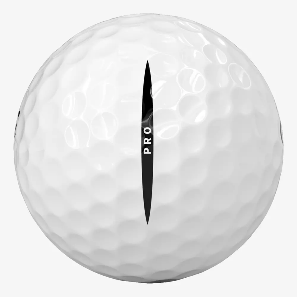 A close-up view of a white golf ball with dimples, featuring a black line and the word PRO printed vertically along the line&mdash;a perfect companion for those stepping onto the green in their best golf shoes 2026.