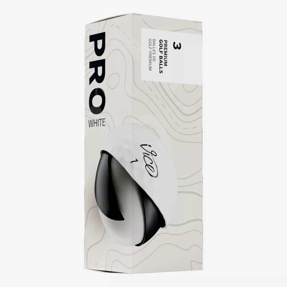 A box of PRO White golf balls featuring a minimalist white design with subtle contour lines and a cut-out window, perfect for pairing with the best golf shoes 2026. The label indicates it contains 3 premium golf balls.