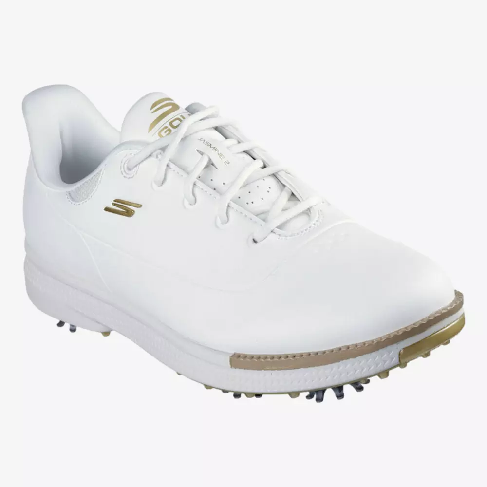 A white athletic golf shoe with gold accents, lace-up closure, and small spikes on the sole for grip&mdash;an ideal pick for anyone seeking the best women's golf shoes 2026, displayed on a plain white background.