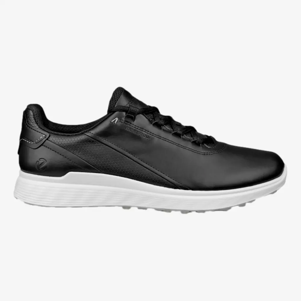 A black athletic sneaker with a low profile, sleek leather upper, black laces, and a white textured rubber sole&mdash;reminiscent of the best Jordan golf shoes&mdash;shown in a side view on a plain white background.