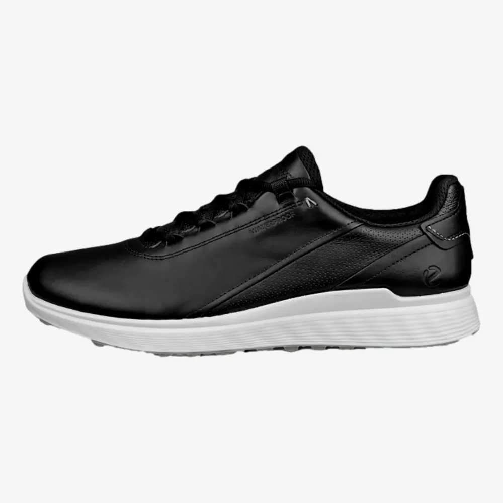 A black athletic sneaker with a white sole, featuring a low-top design, lace-up closure, and a subtle logo near the heel. Inspired by the best Jordan golf shoes, it boasts a sleek, modern look with smooth and textured panels.