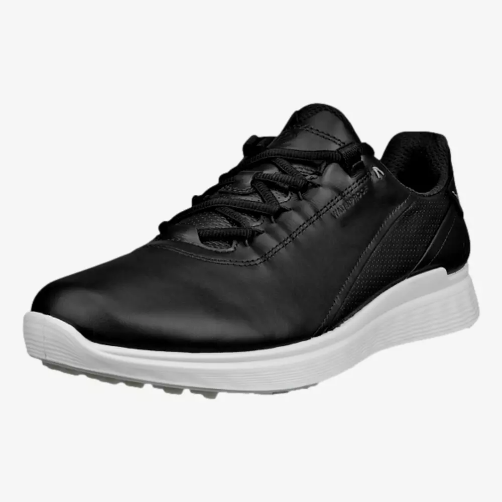 A black leather athletic shoe with black laces and a white rubber sole, shown at an angle against a plain light background&mdash;reminiscent of the best Jordan golf shoes in sleek, versatile style.
