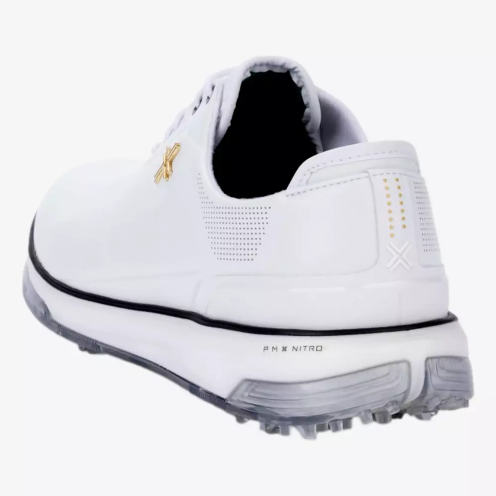 A white golf shoe with gold accents, a textured grip sole, and PWR NITRO printed on the heel&mdash;reminiscent of the best Jordan golf shoes&mdash;viewed from the back and slightly to the side against a white background.