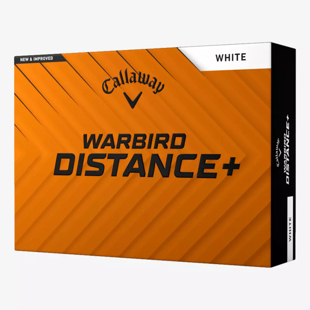 An orange box of Callaway Warbird Distance+ white golf balls with black diagonal lines and bold black text on the front. Pair them with the best golf shoes 2026 for top performance. Top left says New & Improved; top right is labeled White.