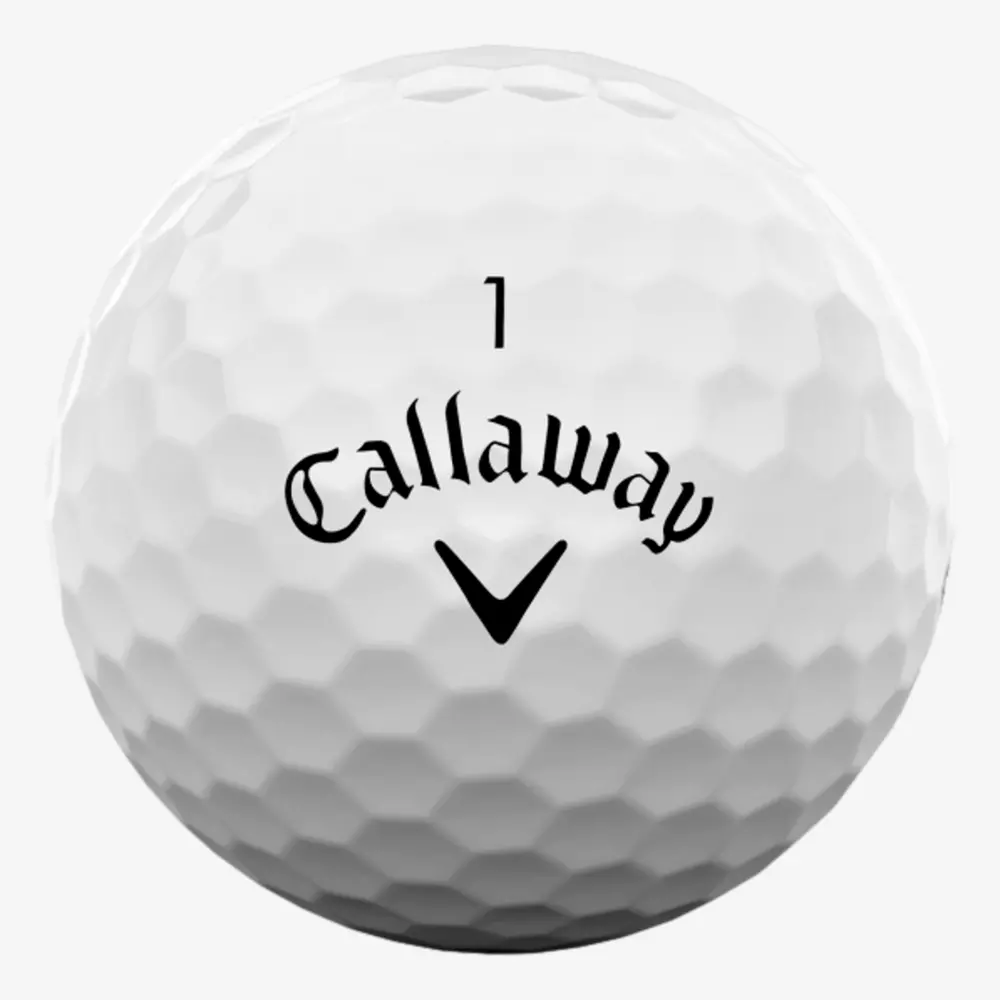 A white golf ball with the number 1 and the black Callaway logo, featuring the word Callaway and a V-shaped design, is printed on its dimpled surface&mdash;a great match for players searching for the best golf shoes 2026.