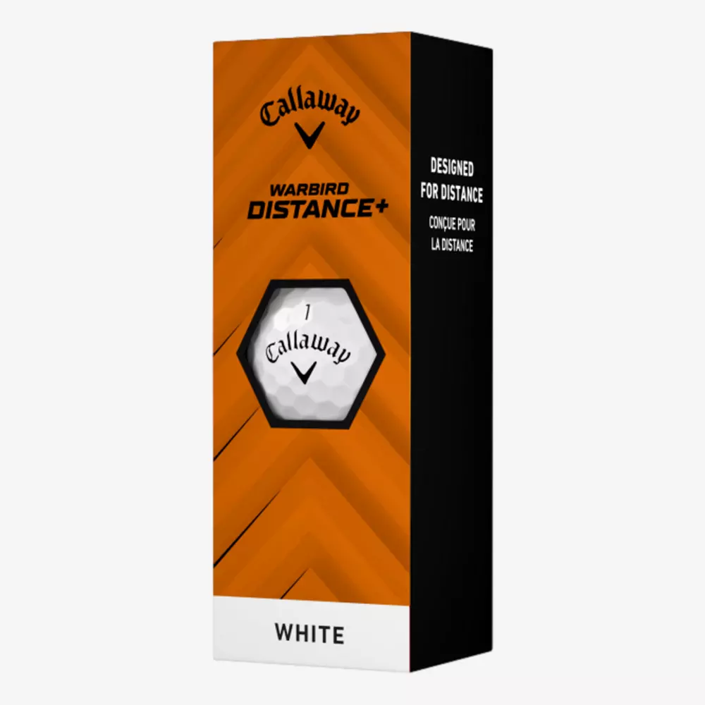 A rectangular orange and black Callaway Warbird Distance+ golf ball box with a hexagonal window showing a white golf ball inside; text reads DESIGNED FOR DISTANCE and WHITE at the bottom, ideal for pairing with the best golf shoes 2026.