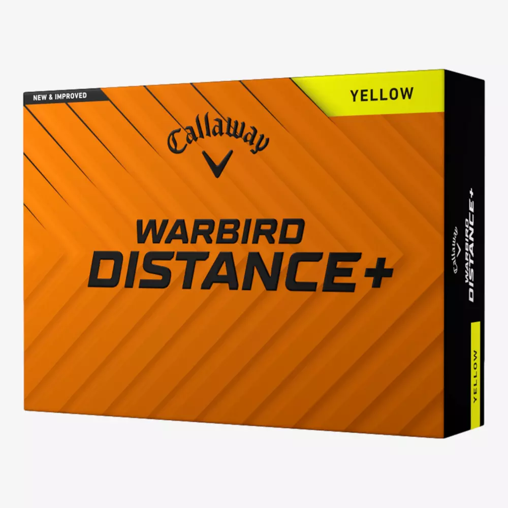 A box of Callaway Warbird Distance+ yellow golf balls with an orange and black diagonal striped design and bold black text on the front&mdash;an ideal match for your game alongside the best golf shoes 2026 has to offer.