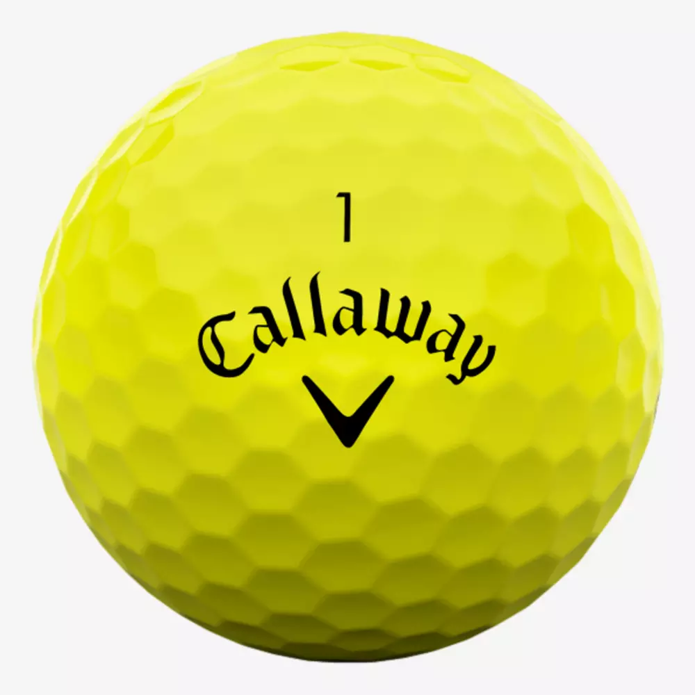 A yellow Callaway golf ball with a dimpled surface, the number 1 printed above the Callaway logo and a black chevron symbol below&mdash;perfect for pairing with the best golf shoes 2026 for optimal performance on the course.