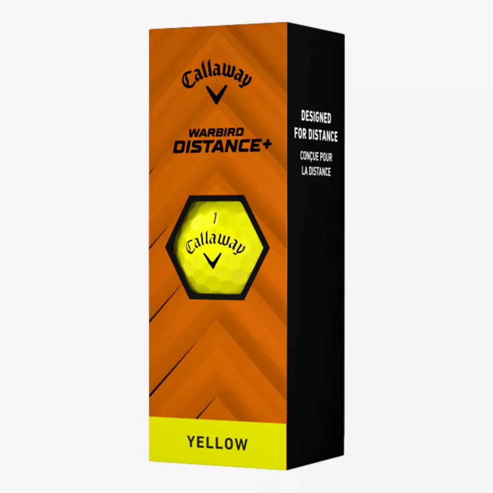 A box of Callaway Warbird Distance+ yellow golf balls features black and yellow branding, a hexagon window with a yellow ball, and text reading Designed for Distance&mdash;perfect to pair with the best golf shoes 2026 for enhanced performance.