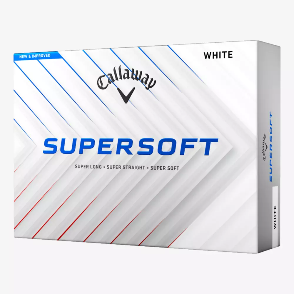A white rectangular box of Callaway Supersoft golf balls with blue and red diagonal lines, featuring SUPERSOFT in large blue letters&mdash;perfect to pair with the best golf shoes 2026 for a top-notch game: Super Long &bull; Super Straight &bull; Super Soft.