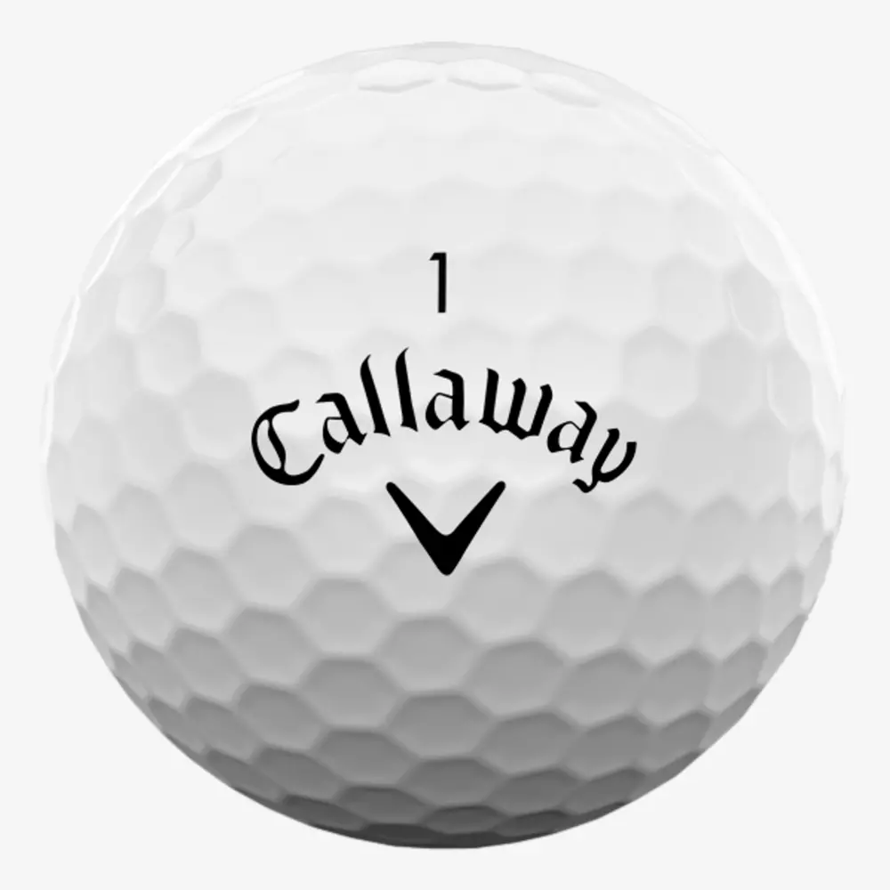 A white golf ball with a dimpled surface, featuring the number 1 and the word &ldquo;Callaway&rdquo; with a downward-facing chevron logo in black&mdash;perfect for pairing with the best golf shoes 2026 on your next round.