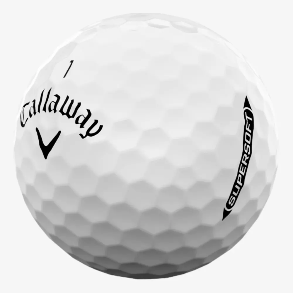 A close-up of a white Callaway golf ball with black text, including the Callaway logo and the word Supersoft, showing its dimpled surface&mdash;perfect for pairing with the best golf shoes 2026 on your next round.