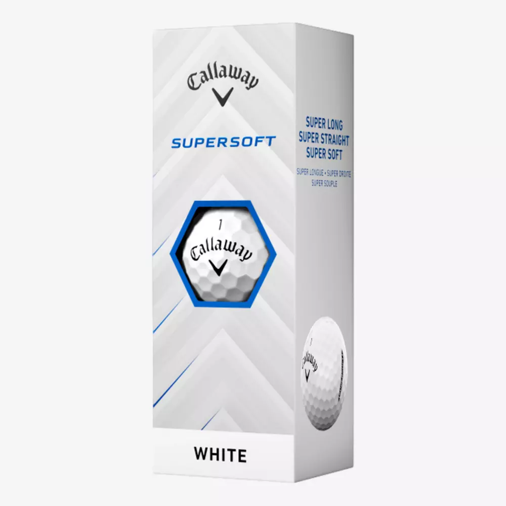A white box of Callaway Supersoft golf balls, featuring the Callaway logo, a picture of a golf ball, and blue text highlighting Super Long, Super Straight, Super Soft&mdash;perfect to pair with the best golf shoes 2026 for your next round.